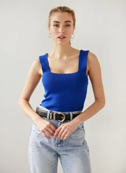 The Fashion Project Πλεκτό τοπ με καρέ λαιμόκοψη - Μπλε -Κατάστημα TheFashionProject crop top me rimp pleksi 111834 bxlk