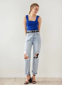 The Fashion Project Πλεκτό τοπ με καρέ λαιμόκοψη - Μπλε -Κατάστημα TheFashionProject crop top me rimp pleksi 111834 iw75