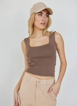 The Fashion Project Πλεκτό τοπ με καρέ λαιμόκοψη - Mocha -Κατάστημα TheFashionProject crop top me rimp pleksi 111835 ozk8