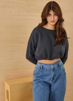 Noobass Φούτερ Cropped φούτερ με κορδονάκι - Ανθρακί