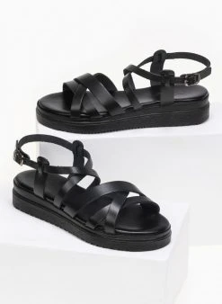 Flatforms δερμάτινα με λεπτά λουράκια Tfp - Μαύρο -Κατάστημα TheFashionProject estil dermatina flatforms me lepta lourakia 91203 p7wr