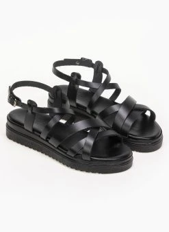 Flatforms δερμάτινα με λεπτά λουράκια Tfp - Μαύρο -Κατάστημα TheFashionProject estil dermatina flatforms me lepta lourakia 91203 sjke