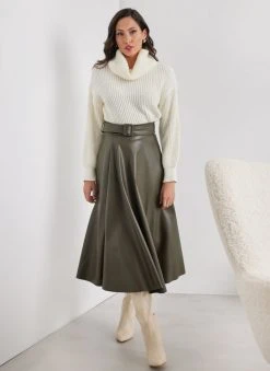 The Fashion Project Φούστα μίντι δερματίνη με ζώνη - Χακί -Κατάστημα TheFashionProject fousta minti dermatini me zwni 109717 4ry4