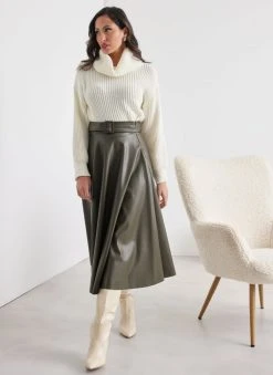 The Fashion Project Φούστα μίντι δερματίνη με ζώνη - Χακί -Κατάστημα TheFashionProject fousta minti dermatini me zwni 109717 bfpw