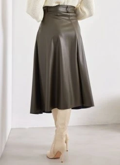 The Fashion Project Φούστα μίντι δερματίνη με ζώνη - Χακί -Κατάστημα TheFashionProject fousta minti dermatini me zwni 109717 rhyv