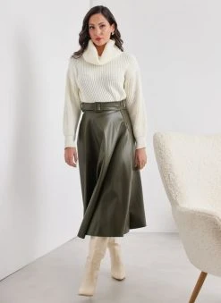 The Fashion Project Φούστα μίντι δερματίνη με ζώνη - Χακί -Κατάστημα TheFashionProject fousta minti dermatini me zwni 109717 z0mb