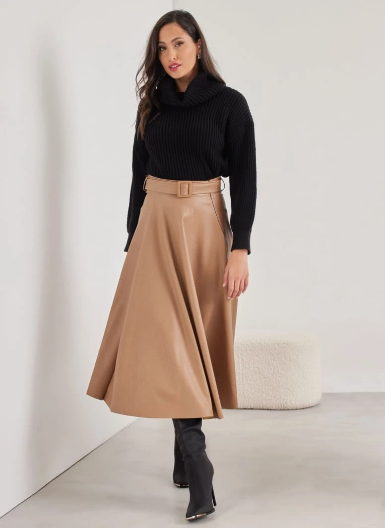 The Fashion Project Φούστα μίντι δερματίνη με ζώνη - Κάμελ 3 The Fashion Project Φούστα μίντι δερματίνη με ζώνη - Κάμελ