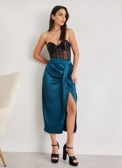 The Fashion Project Φούστα μίντι σατέν με άνοιγμα - Petrol -Κατάστημα TheFashionProject fousta minti saten me anoigma 108420 g3jw