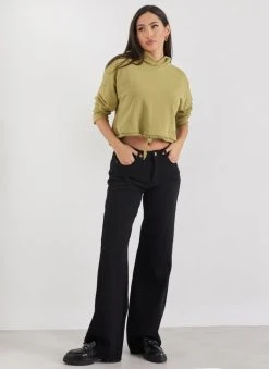 Noobass Φούτερ Cropped με κουκούλα - Λαχανί -Κατάστημα TheFashionProject fouter cropped me koukoula 106927 vtbw