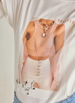 The Fashion Project T-shirt με στάμπα και πέτρες - Λευκό -Κατάστημα TheFashionProject kontomaniki mplouza me petres 90004 m54v