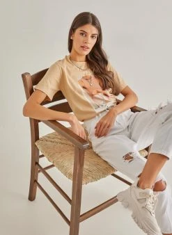 The Fashion Project T-shirt με στάμπα και πέτρες - Μπεζ -Κατάστημα TheFashionProject kontomaniki mplouza me petres 90005 4690