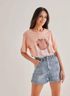 The Fashion Project T-shirt με στάμπα και πέτρες - Ροδακινί -Κατάστημα TheFashionProject kontomaniki mplouza me petres 90007 znam