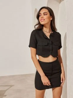 The Fashion Project Φούστα μίνι λινή με κουμπιά - Μαύρο -Κατάστημα TheFashionProject lini mini fousta me koumpia 93400 vtmr