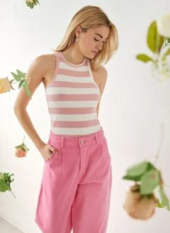 The Fashion Project Μπλούζα ριμπ αμάνικη με ρίγες - Ροζ