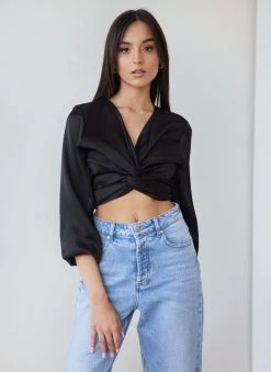 The Fashion Project Μπλούζα σατέν με δέσιμο - Μαύρο -Κατάστημα TheFashionProject mplouza saten me desimo 111588 d00k