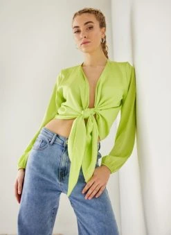 The Fashion Project Μπλούζα σατέν με δέσιμο - Lime -Κατάστημα TheFashionProject mplouza sate΄n me desimo 111589 ke2a