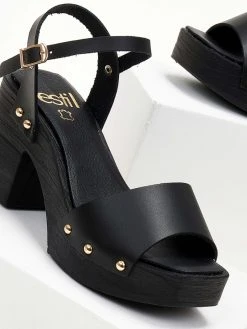 Πέδιλα με φιάπα δερμάτινα Estil - Μαύρο -Κατάστημα TheFashionProject pedila dermatina estil me ksulini sola 105421 ugx7