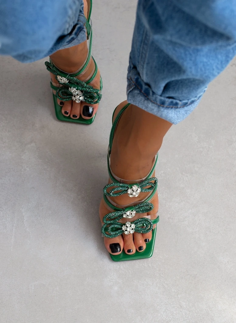 The Fashion Project Πέδιλα με στρας φιόγκους και διαφάνεια - Πράσινο 3 The Fashion Project Πέδιλα με στρας φιόγκους και διαφάνεια - Πράσινο