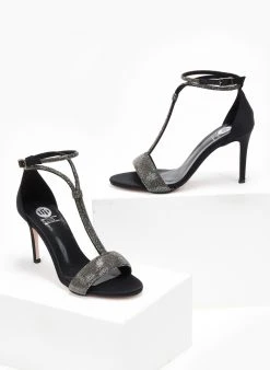Πέδιλα με μπαρέτα και στρας Tfp - Μαύρο -Κατάστημα TheFashionProject pedila saten me strass tfp 108637 8jk8