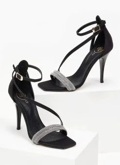 Πέδιλα με στρας υφασμάτινα Tfp - Μαύρο -Κατάστημα TheFashionProject pedila saten tfp me dipli seira strass 100645 6mkk
