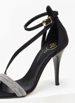 Πέδιλα με στρας υφασμάτινα Tfp - Μαύρο -Κατάστημα TheFashionProject pedila saten tfp me dipli seira strass 100645 b474