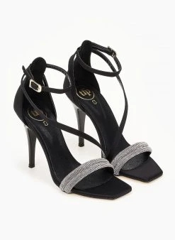 Πέδιλα με στρας υφασμάτινα Tfp - Μαύρο -Κατάστημα TheFashionProject pedila saten tfp me dipli seira strass 100645 butv