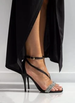 Πέδιλα με στρας υφασμάτινα Tfp - Μαύρο -Κατάστημα TheFashionProject pedila saten tfp me dipli seira strass 100645 ljnk