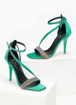 Πέδιλα με στρας υφασμάτινα Tfp - Σμαραγδί -Κατάστημα TheFashionProject pedila saten tfp me dipli seira strass 100647 imj9