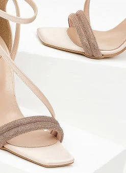 Πέδιλα με στρας υφασμάτινα Tfp - Nude -Κατάστημα TheFashionProject pedila saten tfp me dipli seira strass 100760 15wt