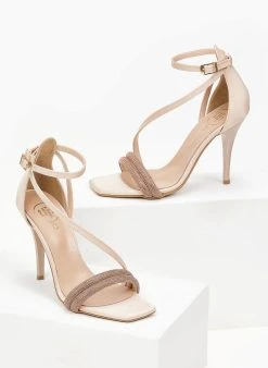 Πέδιλα με στρας υφασμάτινα Tfp - Nude -Κατάστημα TheFashionProject pedila saten tfp me dipli seira strass 100760 b0t9