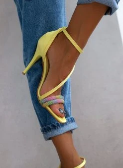 Πέδιλα με στρας υφασμάτινα Tfp - Κίτρινο -Κατάστημα TheFashionProject pedila saten tfp me dipli seira strass 104762 hj9i