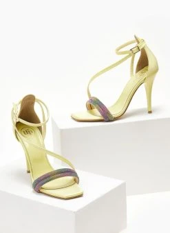 Πέδιλα με στρας υφασμάτινα Tfp - Κίτρινο -Κατάστημα TheFashionProject pedila saten tfp me dipli seira strass 104762 ke04