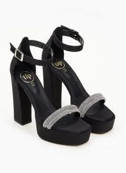 Πέδιλα με φιάπα και στρας υφασμάτινα Tfp - Μαύρο -Κατάστημα TheFashionProject pedila tfp saten me strass kai fiapa 100460 jafy