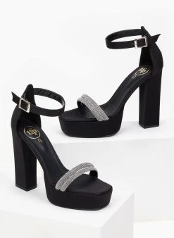 Πέδιλα με φιάπα και στρας υφασμάτινα Tfp - Μαύρο -Κατάστημα TheFashionProject pedila tfp saten me strass kai fiapa 100460 syi2