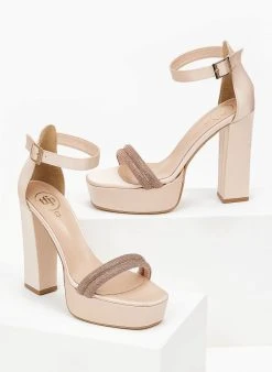 Πέδιλα με φιάπα και στρας υφασμάτινα Tfp - Nude -Κατάστημα TheFashionProject pedila tfp saten me strass kai fiapa 100657 c1ys