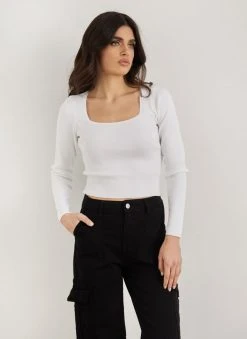 The Fashion Project Πλεκτή μπλούζα με καρέ λαιμόκοψη - Λευκό -Κατάστημα TheFashionProject plekti mplouza me kare laimokopsi 110387 s16d