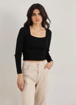 The Fashion Project Πλεκτή μπλούζα με καρέ λαιμόκοψη - Μαύρο -Κατάστημα TheFashionProject plekti mplouza me kare laimokopsi 110388 2xlg