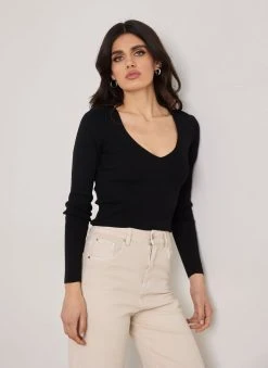 The Fashion Project Πλεκτή μπλούζα με V Cut λαιμόκοψη - Μαύρο -Κατάστημα TheFashionProject plekti mplouza me v cut laimokopsi 110396 tagk