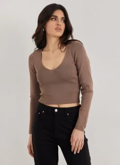 The Fashion Project Πλεκτή μπλούζα με V Cut λαιμόκοψη - Καφέ